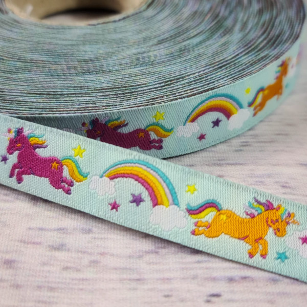 Webband | Einhörner | hellblau/bunt
