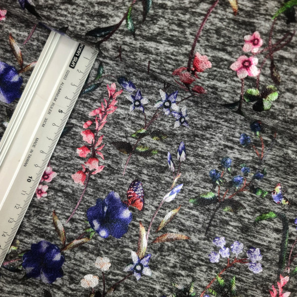 Jersey | bedruckt | Blumen | grau melliert