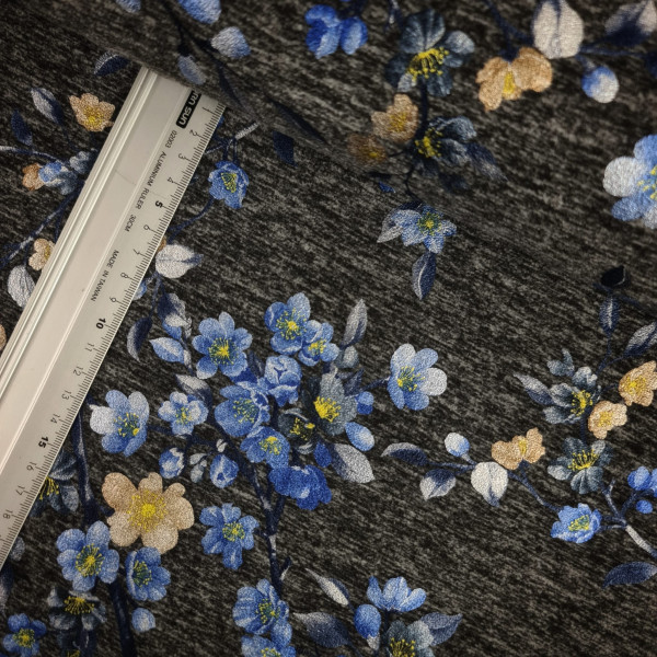 Jersey | bedruckt | Blumen | dunkelgrau melliert