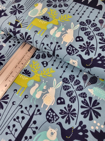 Jersey | bedruckt | bunte Waldtiere | grün/hellblau