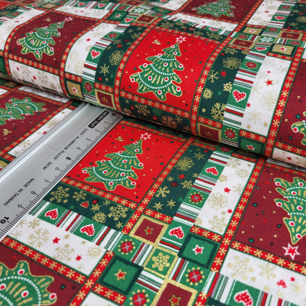 Baumwolle | bedruckt | Weihnachtsbaum | foliert | rot/bunt
