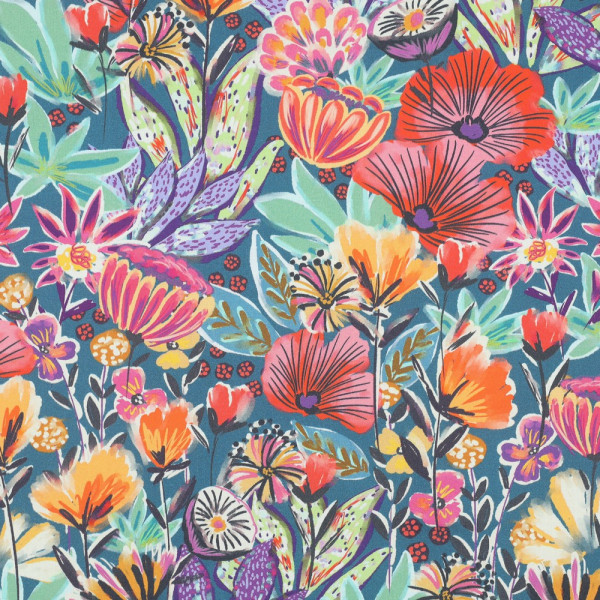 Baumwolle | bedruckt | Blumenmeer | petrol