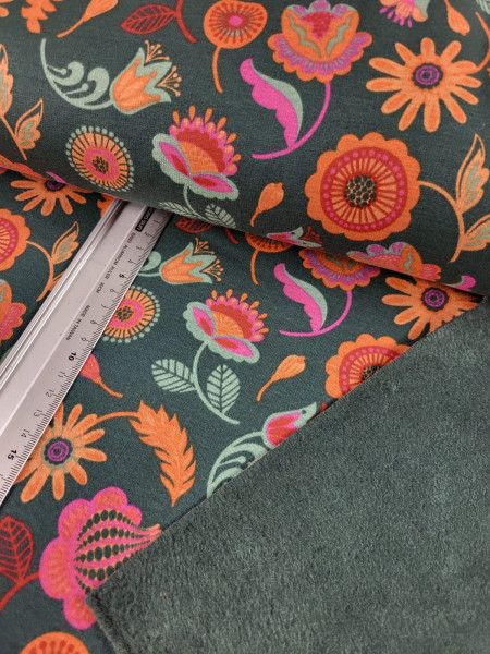 Alpenfleece | bedruckt | Blumen | dunkelgrün