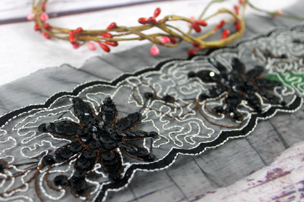 Organzaborte | floral | 11,5cm | schwarz