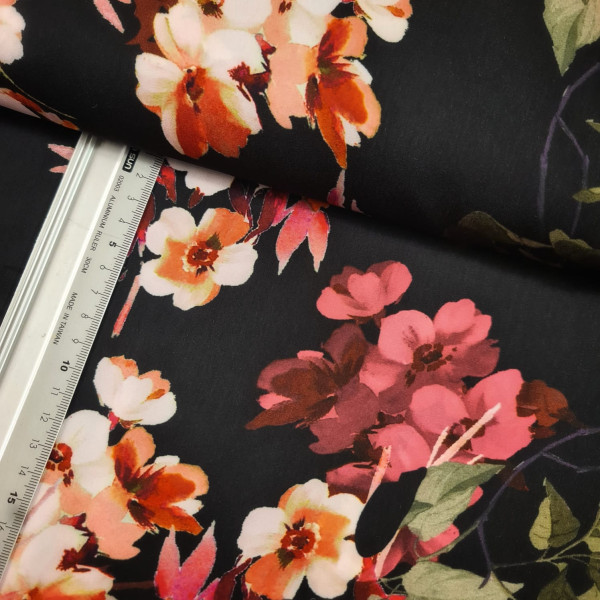 Satin | bedruckt | Blumen | schwarz