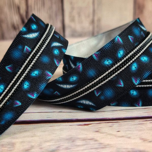 Nylon-Reißverschluss | leuchtet im dunkeln | endlos | Spirale 5mm | Grinsekatze | schwarz