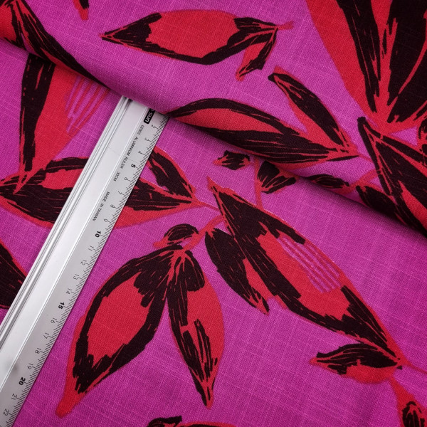 Stretch-Viskose-Leinen | bedruckt | Blätter | fuchsia