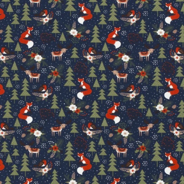 Jersey | bedruckt | Weihnachtswald | dunkelblau
