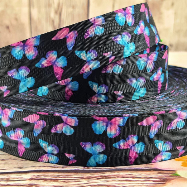 Gurtband | 40mm | beidseitig | crazy butterflys | schwarz/bunt
