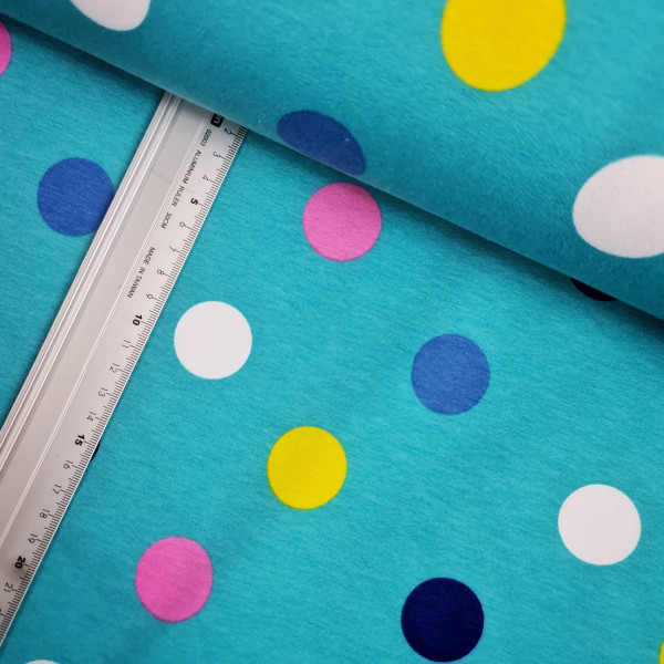 Sommersweat | French Terry | bedruckt | bunte Punkte | türkis