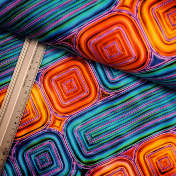 Stretch-Satin | bedruckt | shapes | blau/bunt