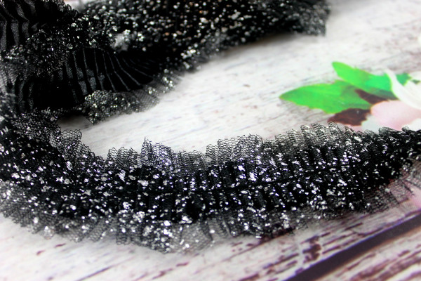Tüllborte | Glitzerplissee | ca. 4,5cm | schwarz/silber