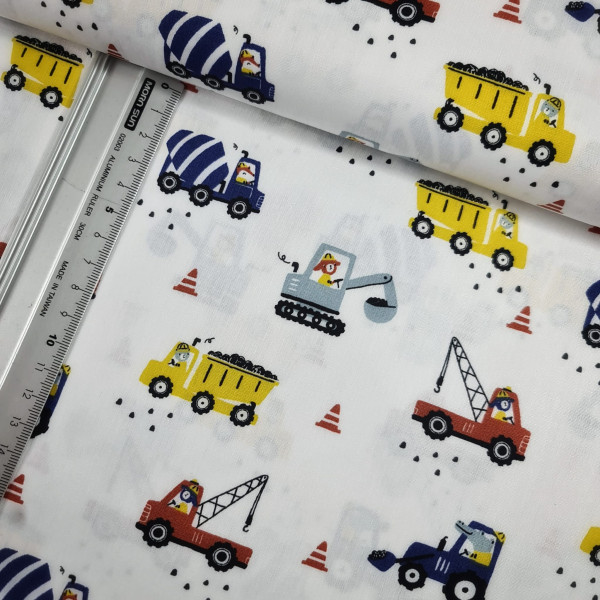 Baumwolle | bedruckt | Baufahrzeuge | weiß