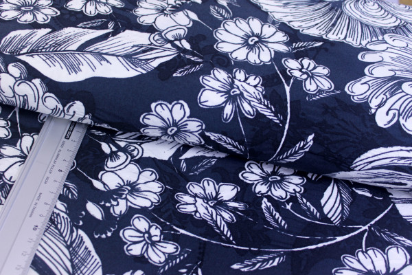 Viskose - Jaquard | bedruckt | schwarz/weiße Blumen | nachtblau