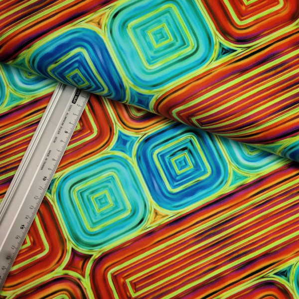 Stretch-Satin | bedruckt | shapes | orange/bunt