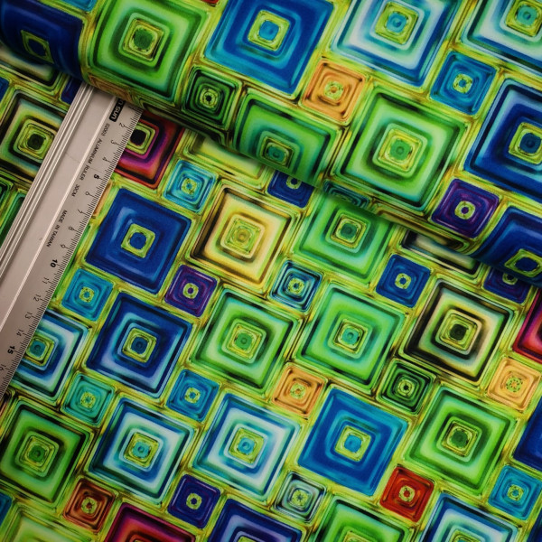 Stretch-Satin | bedruckt | square | grün/ bunt