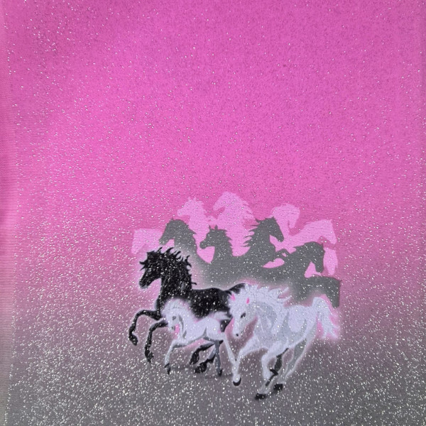 Outdoorstoff - Paneel | ca. 37cm x 43cm | wild horses | pink/bunt mit Glitzer