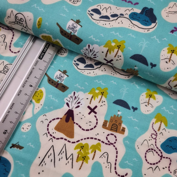 Baumwolle | bedruckt | RJR Fabrics Made in Japan | Schatzkarte | blau/bunt