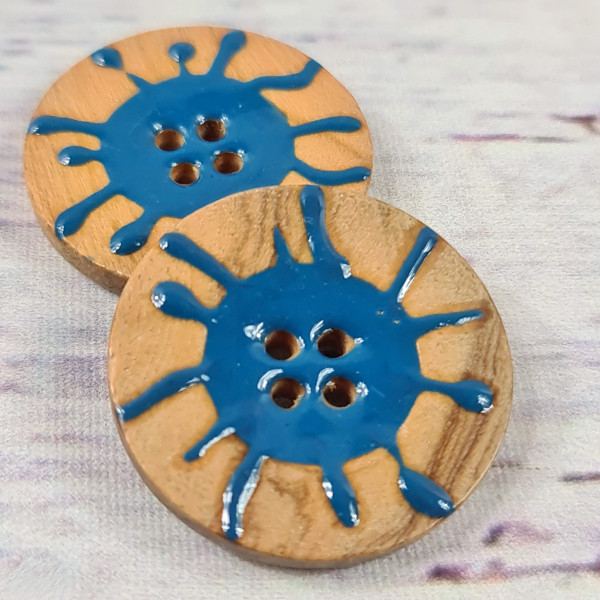 1 Knopf | Holz | 4-Loch | Splash | ca. 3 cm | blau