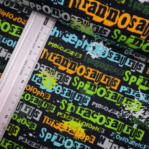 gebürsteter French Terry | bedruckt | Dino names | schwarz/bunt