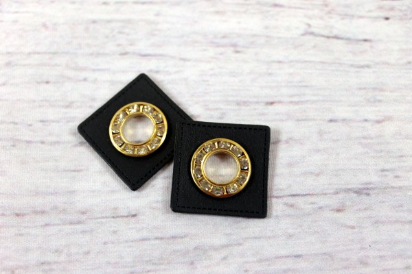 2 Ösenpatches | schwarz / gold / Strass | 2,5cm x 2,5cm