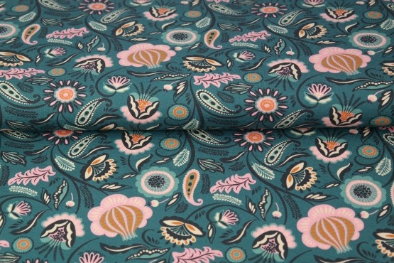 Jersey | bedruckt | paisley & flowers | altgrün/rosa | petrol
