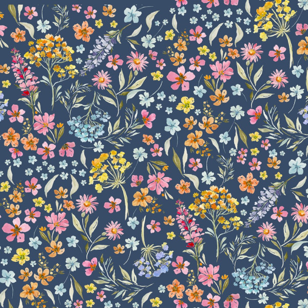 Baumwolle | bedruckt | Blumenwiese | dunkelblau