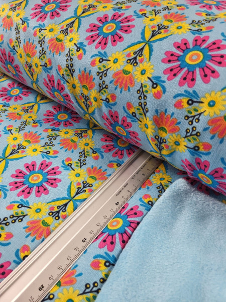 Alpenfleece | bedruckt | retro Blumen | hellblau