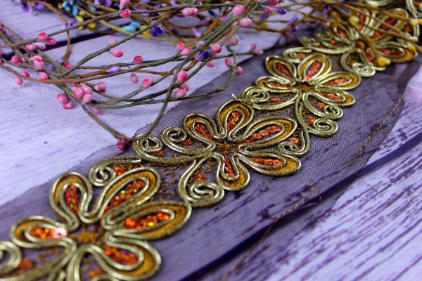 Tüllborte | Blume | ca. 10cm | gold/orange/dunkelbraun