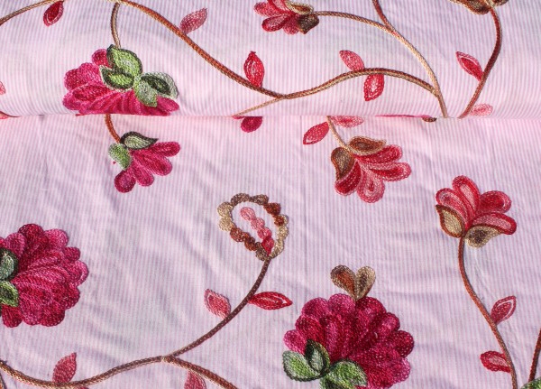 Baumwolle | bestickt | Blumenranke | gestreift | rosa/weiß