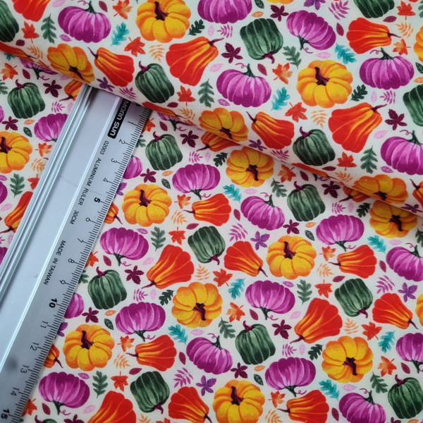 Baumwolle | bedruckt | bunte Kürbisse | weiß