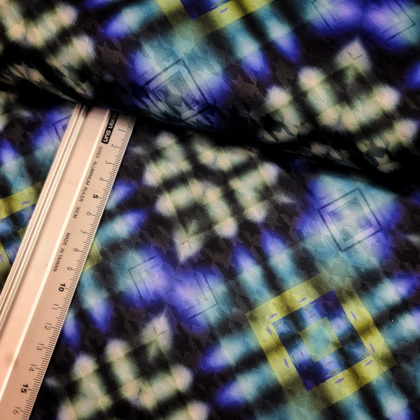 Stretch-Satin-Jacquard | bedruckt | Hahnentritt mit Muster | schwarz/bunt