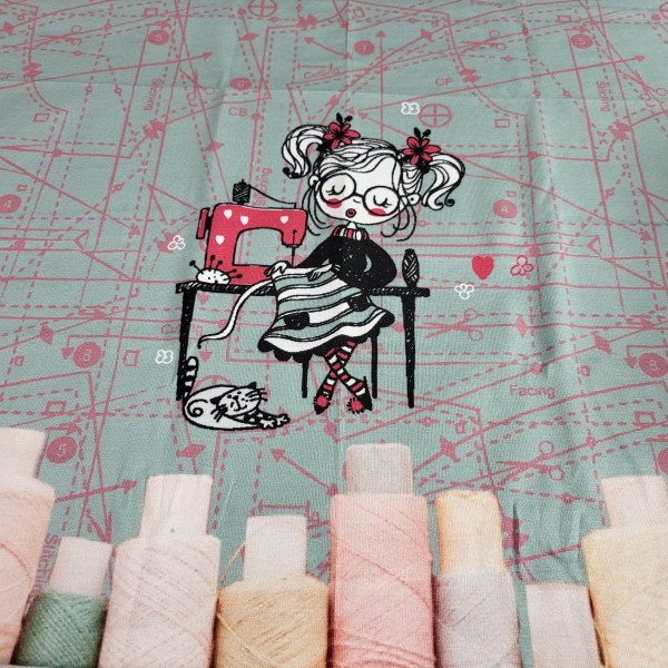 Jersey - Panel | bedruckt | sewing girl | dunkelmint