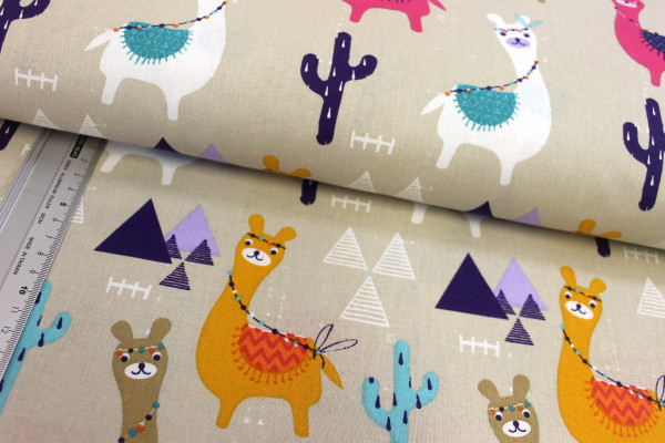 Baumwolle | bedruckt | bunte Lamas | sand