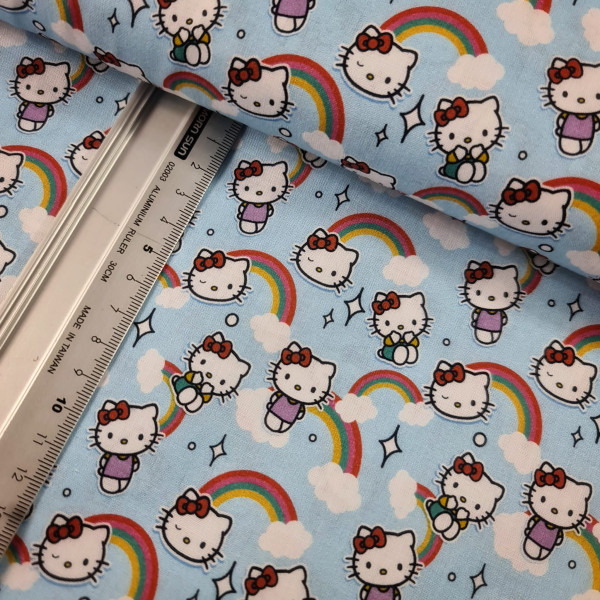 Baumwolle | bedruckt | Regenbogen Kitty | hellblau/bunt