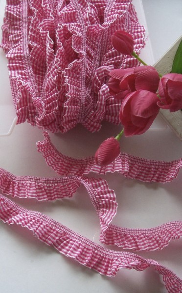 Rüschenband | Elastisch | 25mm | Vichy | rosa/weiß