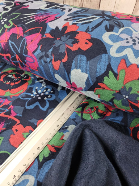 Alpenfleece | bedruckt | big flowers| blau/bunt