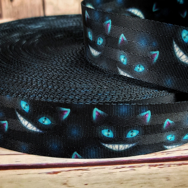 Gurtband | 40mm | beidseitig | Grinsekatze | schwarz